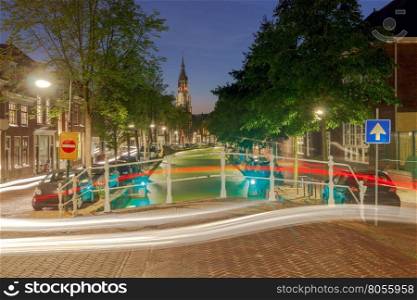 Scenic night view of Oosteinde channel Nieuwe Kerk New Church . Delft. Netherlands.. Delft. City Canal at night.