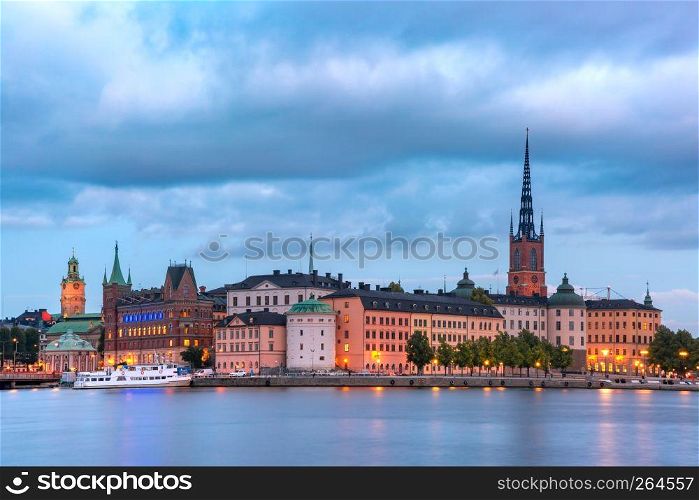 Scenic night view of Riddarholmen, Gamla Stan, in the Old Town in Stockholm, capital of Sweden. Gamla Stan in Stockholm, Sweden