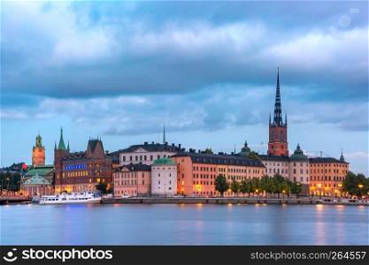 Scenic night view of Riddarholmen, Gamla Stan, in the Old Town in Stockholm, capital of Sweden. Gamla Stan in Stockholm, Sweden