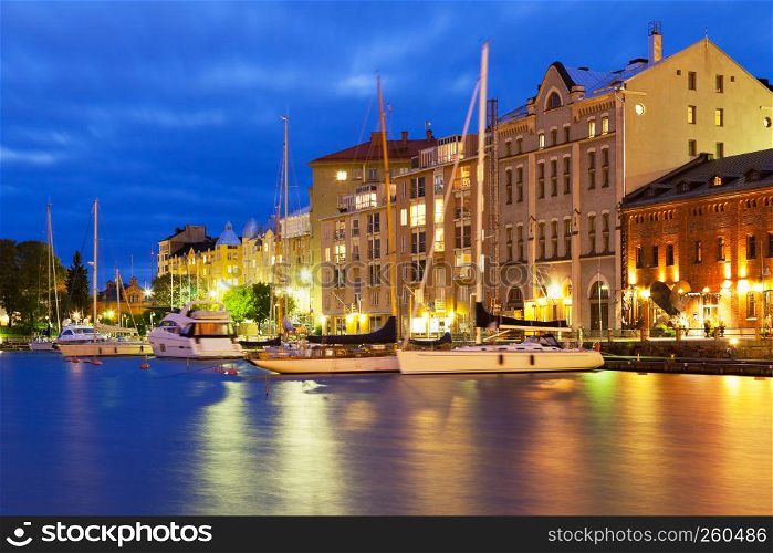 Scenic night view of the Old Port in Katajanokka district of the Old Town in Helsinki, Finland