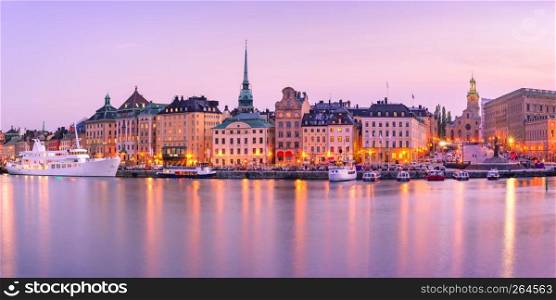 Scenic panoramic view of Gamla Stan, in the Old Town in Stockholm during morning blue hour, capital of Sweden. Gamla Stan in Stockholm, Sweden