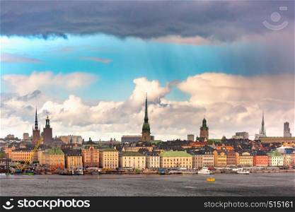 Scenic panoramic view of Gamla Stan in the Old Town in Stockholm on a rainy day, capital of Sweden. Gamla Stan in Stockholm, Sweden