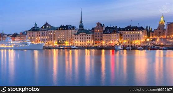 Scenic panoramic view of Gamla Stan, in the Old Town in Stockholm during morning blue hour, capital of Sweden. Gamla Stan in Stockholm, Sweden