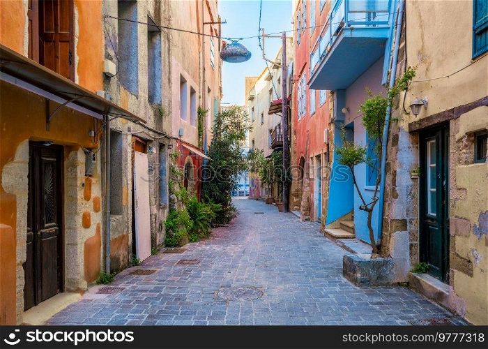 Scenic picturesque streets of Chania venetian town with coloful old houses. Chania greek village in the morning. Chanica, Crete island, Greece. Scenic picturesque streets of Chania venetian town. Chania, Creete, Greece