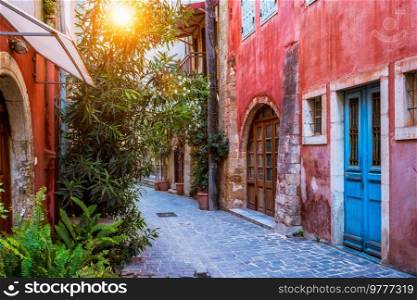 Scenic picturesque streets of Chania venetian town with coloful old houses. Chania greek village in the morning. Chanica, Crete island, Greece. Scenic picturesque streets of Chania venetian town. Chania, Creete, Greece