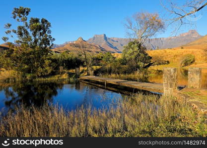 Scenic pond against a backdrop of the Drakensberg mountains, Royal Natal National Park, South Africa