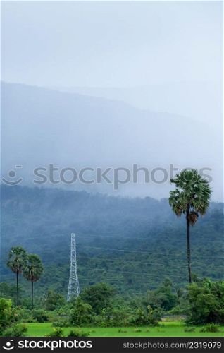 Scenic rural landscape of Kampot, South Cambodia. It?s raining over the mountain and paddy field, power line pylon in mountainous area. Rainy season.