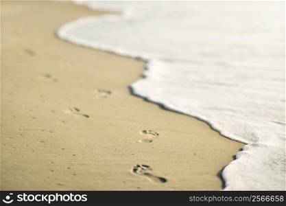 Scenic sandy coastline with footprints and waves.