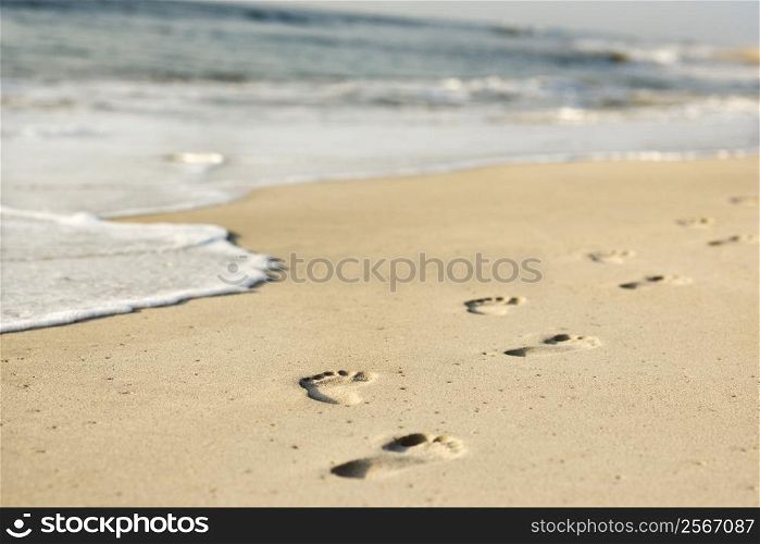Scenic sandy coastline with footprints and waves.