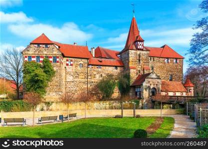 Scenic spring view of the ancient medieval castle architecture building in the Old Town of Lauf an der Pegnitz in Nurnberger Land district of Bavaria, Germany