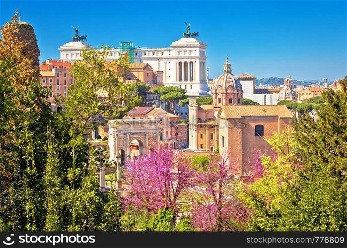 Scenic springtime view over the ruins of the Roman Forum in Rome, capital of Italy