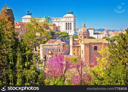 Scenic springtime view over the ruins of the Roman Forum in Rome, capital of Italy