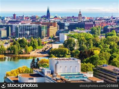 Scenic summer aerial panorama of the Old Town architecture in Helsinki, Finland