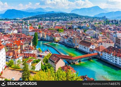 Scenic summer aerial panorama of the Old Town medieval architecture in Lucerne, Switzerland