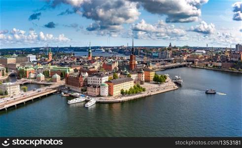 Scenic summer aerial panoramic view of Gamla Stan in the Old Town in Stockholm, capital of Sweden. Panorama of Gamla Stan in Stockholm, Sweden