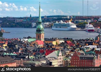 Scenic summer aerial view of Gamla Stan in the Old Town in Stockholm, capital of Sweden. Gamla Stan in Stockholm, Sweden