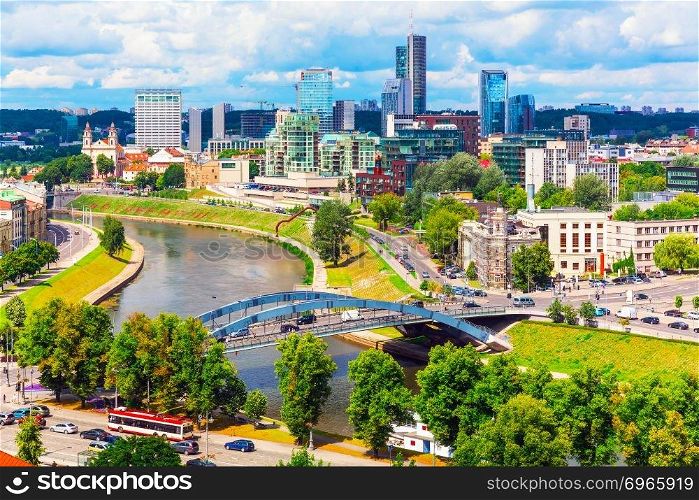 Scenic summer aerial view of modern business financial district architecture buildings and Old Town in Vilnius, Lithuania