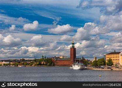 Scenic summer aerial view of Stockholm City Hall or Stadshuset in the Old Town in Stockholm, capital of Sweden. City Hall in Stockholm, Sweden