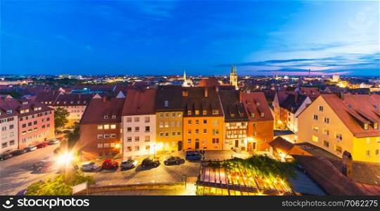 Scenic summer evening aerial panorama of the Old Town architecture in Nuremberg, Germany