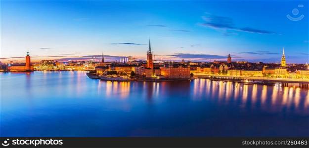 Scenic summer evening panorama of the Old Town (Gamla Stan) architecture pier in Stockholm, Sweden
