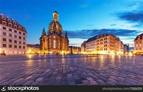 Scenic summer evening view of the ancient Frauenkirche Cathedral Church and Neumarkt Market Square architecture in the Old Town of Dresden, Saxony, Germany