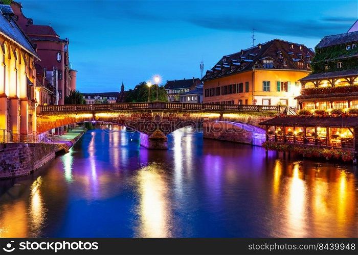 Scenic summer evening view of the Old Town ancient medieval architecture with buildings and half-timber houses in Strasbourg, France