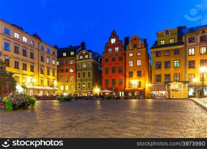 Scenic summer night view of the Big Square (Stortorget) in the Old Town (Gamla Stan) in Stockholm, Sweden