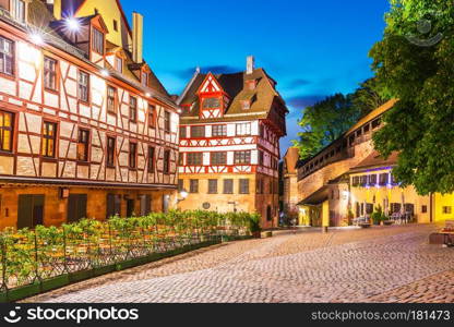 Scenic summer night view of the Old Town medieval architecture with half-timbered buildings in Nuremberg, Bavaria, Germany