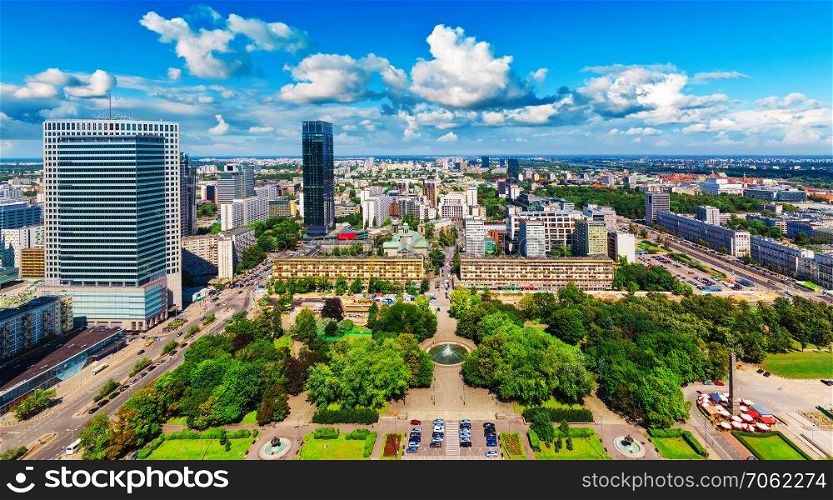 Scenic summer outdoor aerial panorama of corporate business district with modern skyscraper buildings architecture in Warsaw, Poland