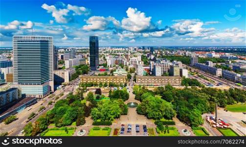 Scenic summer outdoor aerial panorama of corporate business district with modern skyscraper buildings architecture in Warsaw, Poland