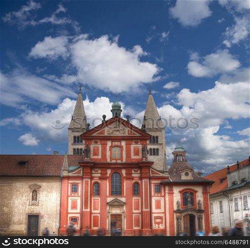Scenic summer panorama of the Old Town architecture with Vltava river and St.Vitus Cathedral in Prague, Czech Republic. Vltava river and St.Vitus Cathedral in Prague