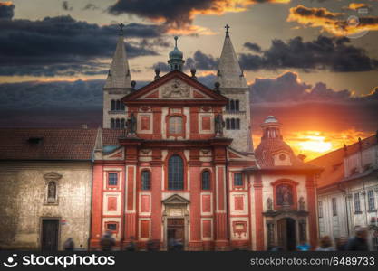 Scenic summer panorama of the Old Town architecture with Vltava river and St.Vitus Cathedral in Prague, Czech Republic. Vltava river and St.Vitus Cathedral in Prague