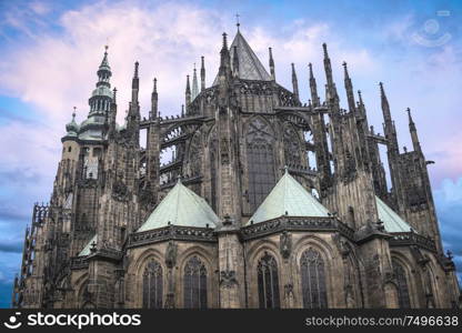 Scenic summer panorama of the Old Town architecture with Vltava river and St.Vitus Cathedral in Prague, Czech Republic