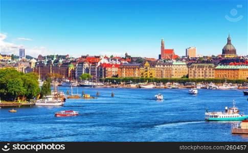 Scenic summer panorama of the Old Town (Gamla Stan) pier architecture in Stockholm, Sweden