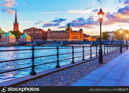 Scenic summer sunset in the Old Town (Gamla Stan) in Stockholm, Sweden
