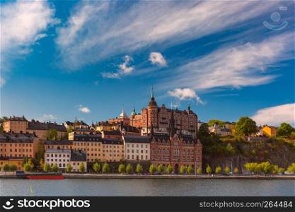 Scenic summer view of Sodermalm waterfront in the Old Town in Stockholm, capital of Sweden. Sodermalm in Stockholm, Sweden