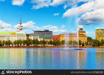 Scenic summer view of the Old Town architecture and pier of Alster lake and river in Hamburg, Germany