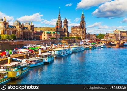 Scenic summer view of the Old Town architecture with Elbe river embankment in Dresden, Saxony, Germany