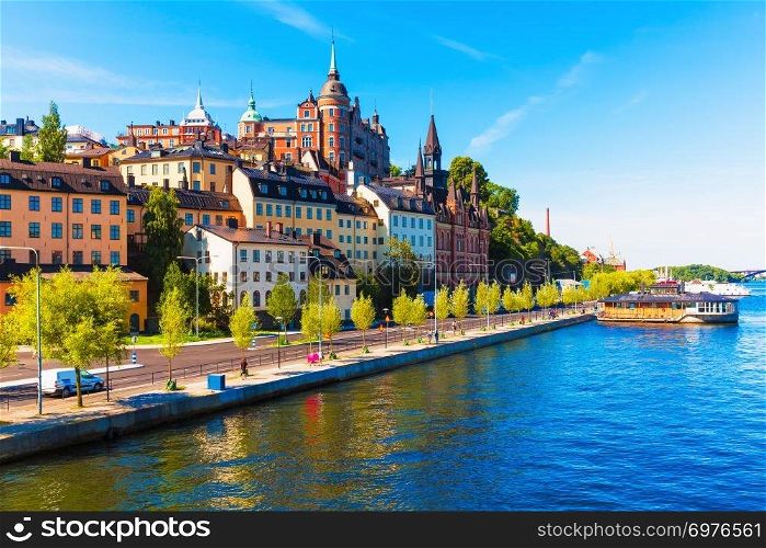 Scenic summer view of the Old Town pier architecture in Sodermalm district of Stockholm, Sweden