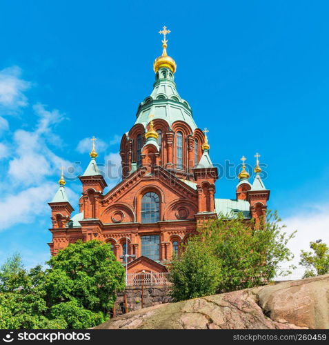 Scenic summer view of Uspenski Orthodox Christian Cathedral Church in Helsinki, Finland