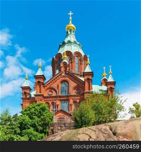 Scenic summer view of Uspenski Orthodox Christian Cathedral Church in Helsinki, Finland