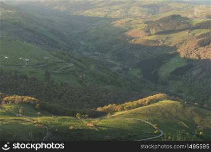 Scenic sunset in the Countryside valley in Cantabria, Spain.