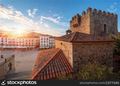 Scenic sunset in the medieval city of Caceres, Spain. High quality photo. Scenic sunset in the medieval city of Caceres, Spain.
