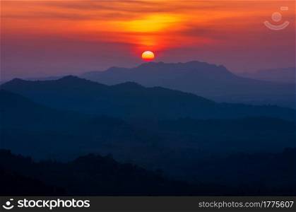 Scenic Sunset Landscape, Sun over Mountain at Mae Moh Lampang in thailand.. Sunset Landscape.
