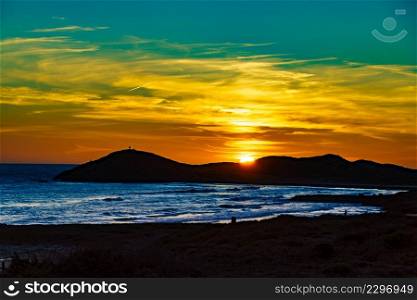 Scenic sunset over sea. Seaside landscape. Calblanque Beach, Murcia Spain.. Sunset over sea, Calblanque beach, Spain