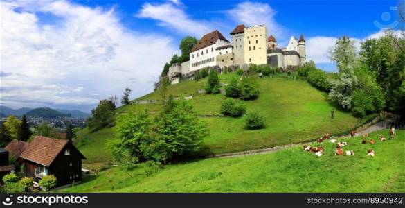 Scenic Swiss  landscape with medieval castles and green pastures. Lenzburg , Switzerland