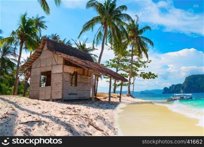 Scenic tropical landscape, El Nido, Palawan, Philippines, Southeast Asia. Beautiful tropical island with hut, sandy beach, palms. Sea bay scenery. Popular landmark, tourist destination of Philippines