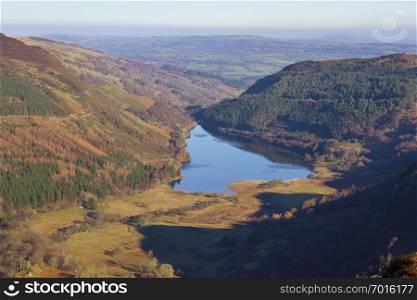 Scenic valley with lake and green hills in Glyderau,Wales