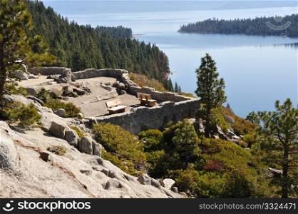 Scenic view area overlooking Emerald Bay at Lake Tahoe on the California Side. Lake Tahoe Scenic Overlook