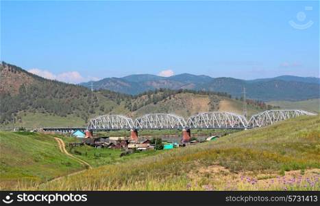 Scenic view at railway bridge and mountain landscape.